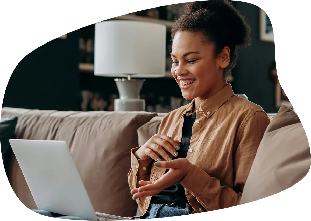 A person sitting calmly in a virtual therapy session.
